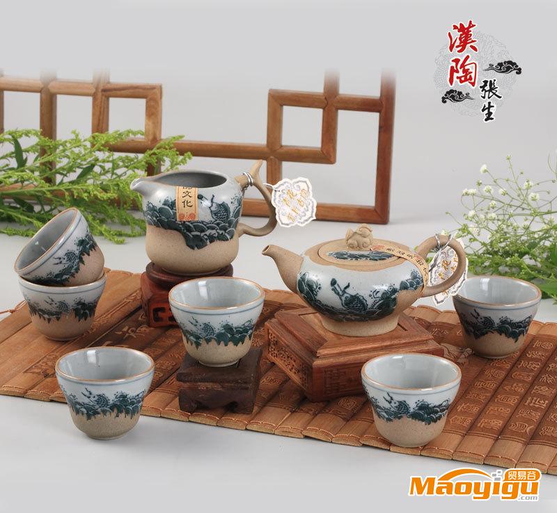 供應漢陶張生QHT-261茶具禮品漢陶張生手彩青花陶有魚茶