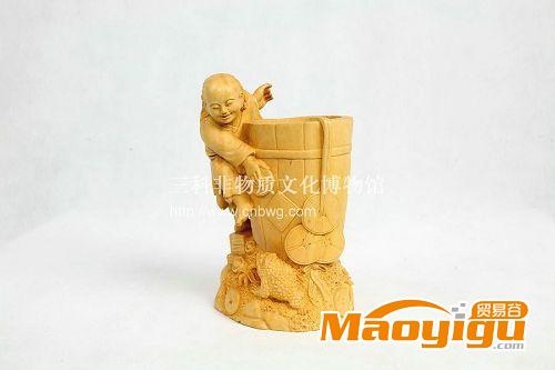 樂清黃楊木雕*家居擺件*商務(wù)禮品 劉海戲蟾 筆筒11.5*10*18.5